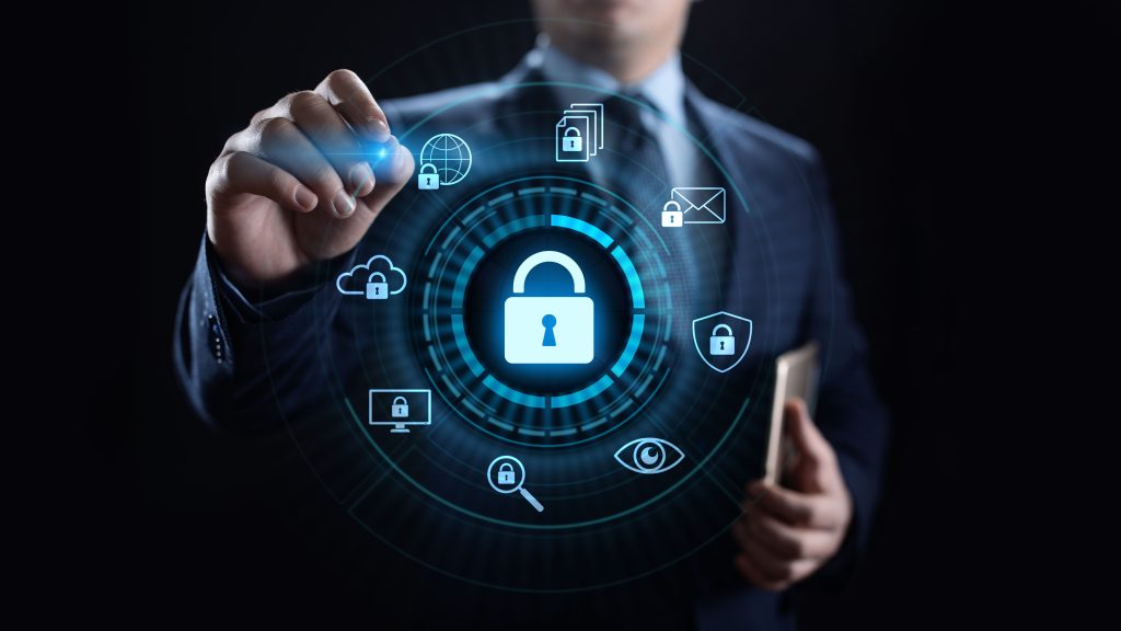 a man with security icons to represent cybersecurity risks