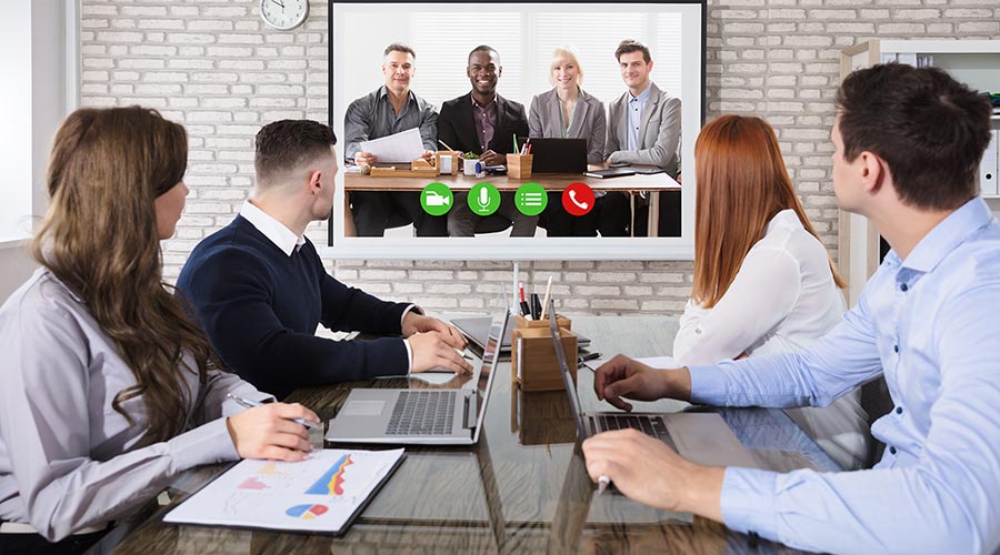 a team on a web conference call using a video conferencing software