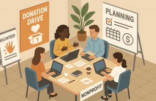 Diverse team discussing nonprofit strategies in an office setting