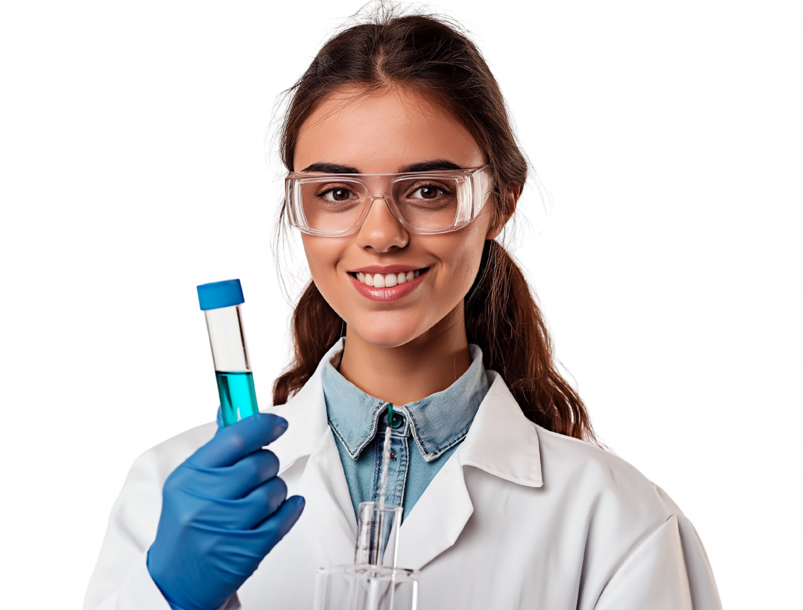 A Young Female Scientist in Lab Outfit Holding a Test Tube. Lab Technician Isolated on White Background with Copy Space. – Edited – Edited