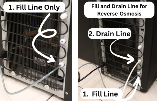 Fill and drain lines connecting to reverse osmosis bottleless water cooler