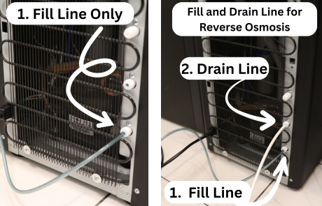 Fill and drain lines connecting to reverse osmosis bottleless water cooler