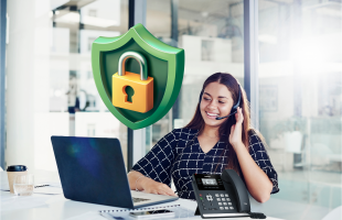 Security shield and woman using VOIP system