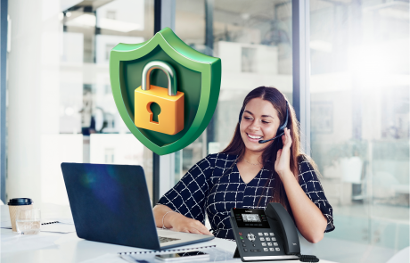 Security shield and woman using VOIP system