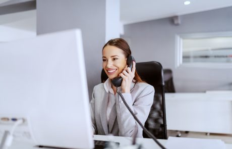 Woman using VOIP system