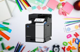 bizhub 4050i surrounded by school supplies