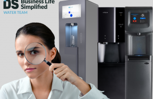 Detective holding magnifying glass next to water coolers