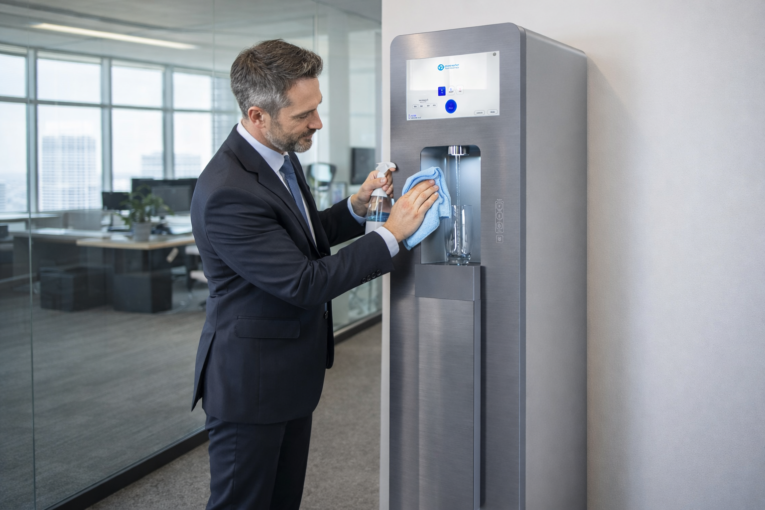 Cleaning the water cooler in the office