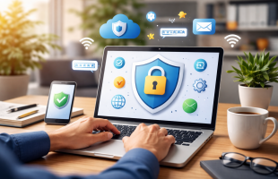 Safe internet depiction on laptop with lock and shield