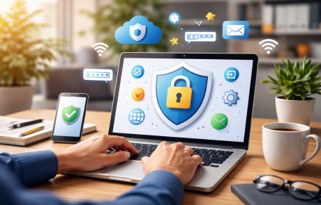 Safe internet depiction on laptop with lock and shield