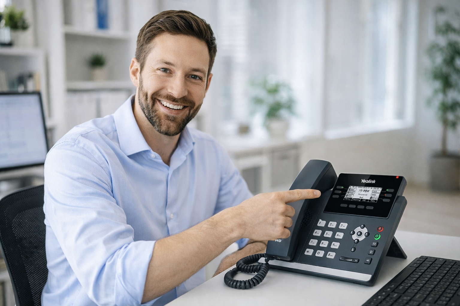 Man pointing to office phone